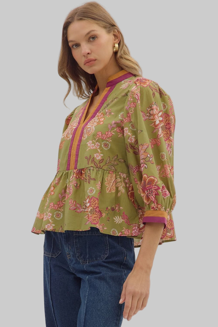 3/4 SLEEVE BOTANICAL PRINT PEPLUM TOP - OLIVE