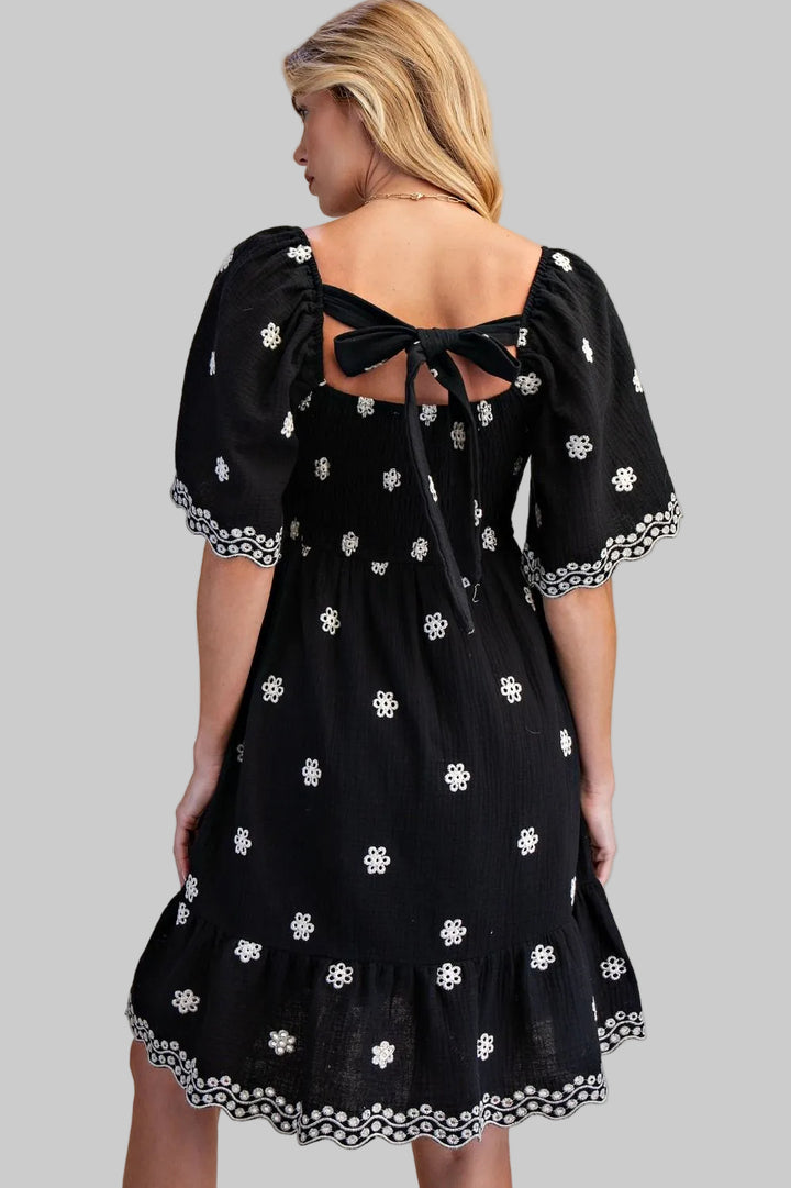 WIDE WING SLEEVE EMBROIDERED COTTON GAUZE SHORT DRESS - BLACK