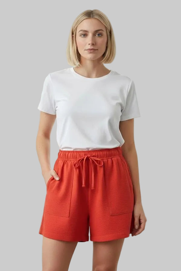 ELASTIC WAIST PAPER BAG SHORTS - RED