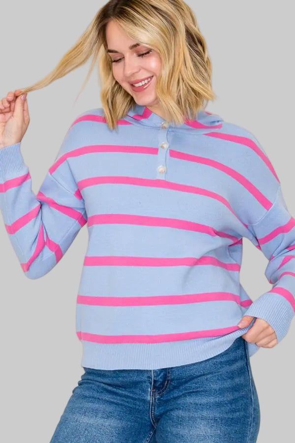 HALF BUTTON STRIPED PULLOVER W/HOOD - LIGHT BLUE