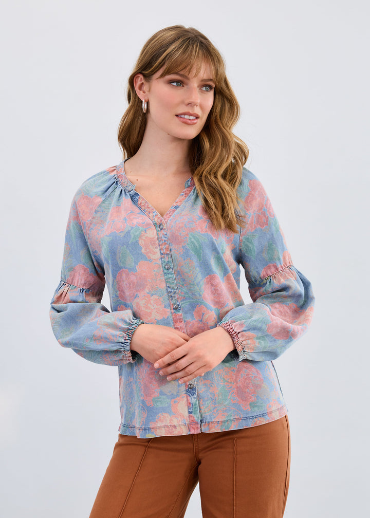 LONG SLEEVE BUTTON UP SHIRT - PRIMROSE BLUE/MAUVE