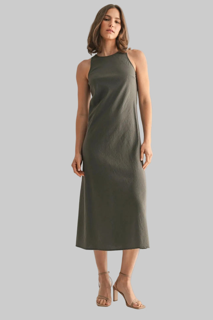 SLEEVELESS SOLID MIDI DRESS - OLIVE