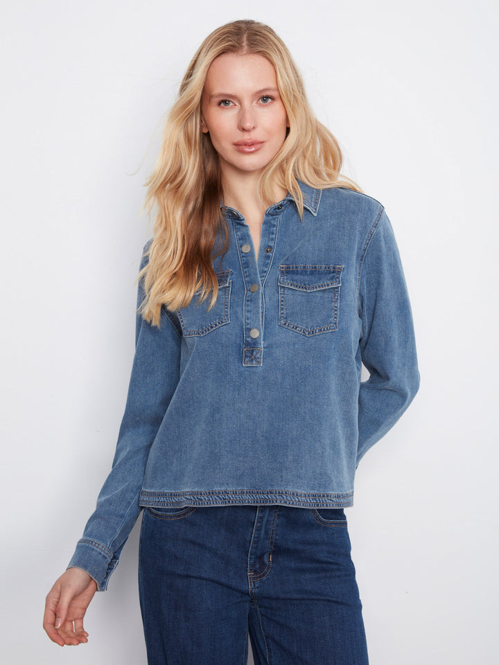 LONG SLEEVE TENCEL DENIM HALF PLACKET SHIRT - MEDIUM BLUE