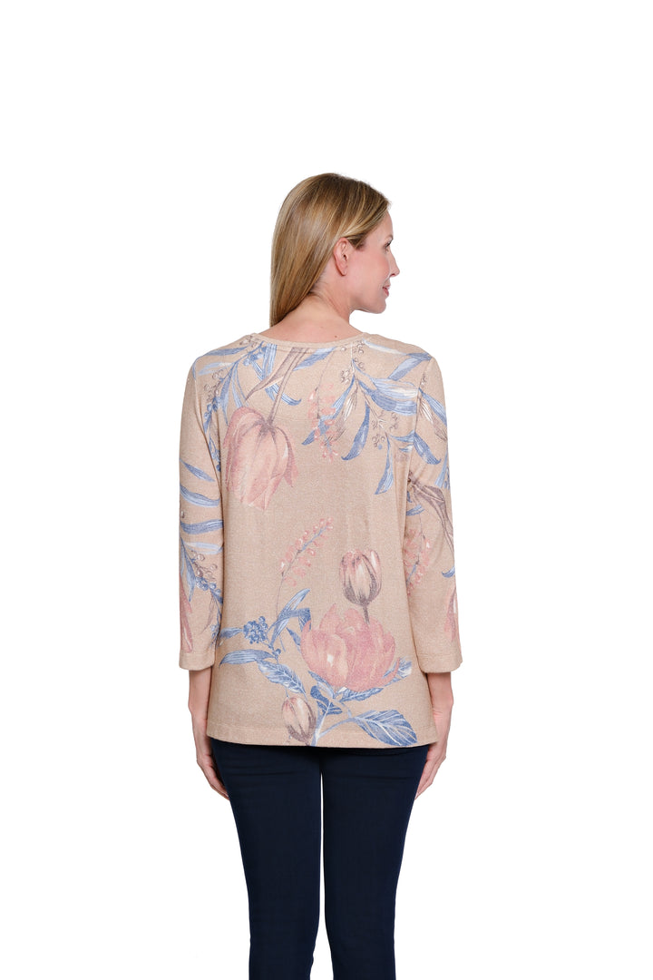 3/4 SLEEVE SCOOP NECK EMBELLISHED TOP - FLORAL OATMEAL