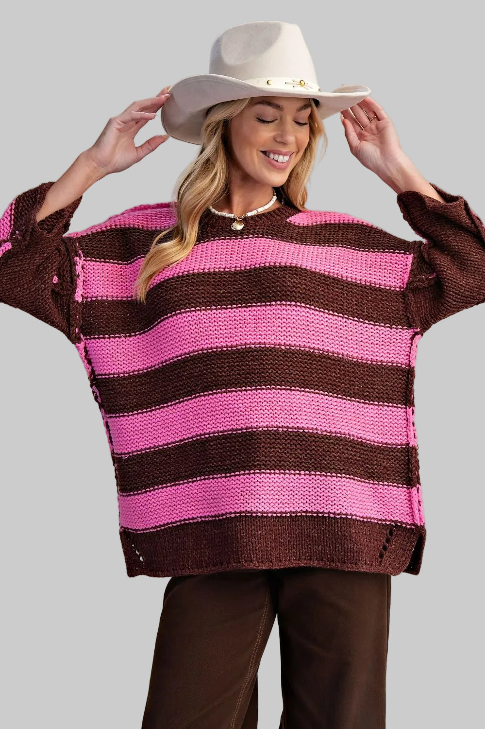 3/4 SLEEVE STRIPED CHUNKY KNIT SWEATER - PINK CHOCOLATE