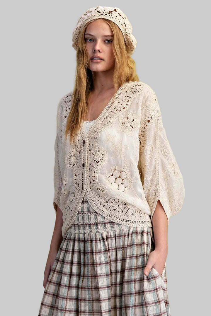 DOLMAN SLEEVE CROCHET MIX BUTTON FRONT DUSTER - NATURAL
