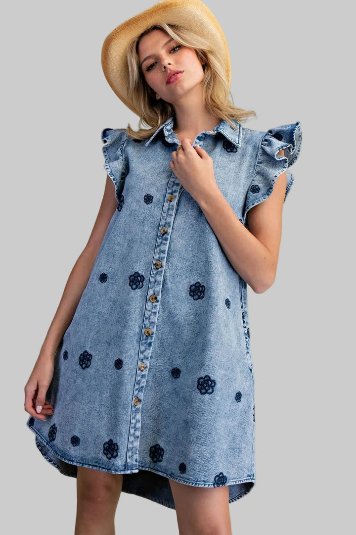 FLUTTER SLEEVE FLOWER EMBROIDERED SHORT DRESS - WASHED DENIM