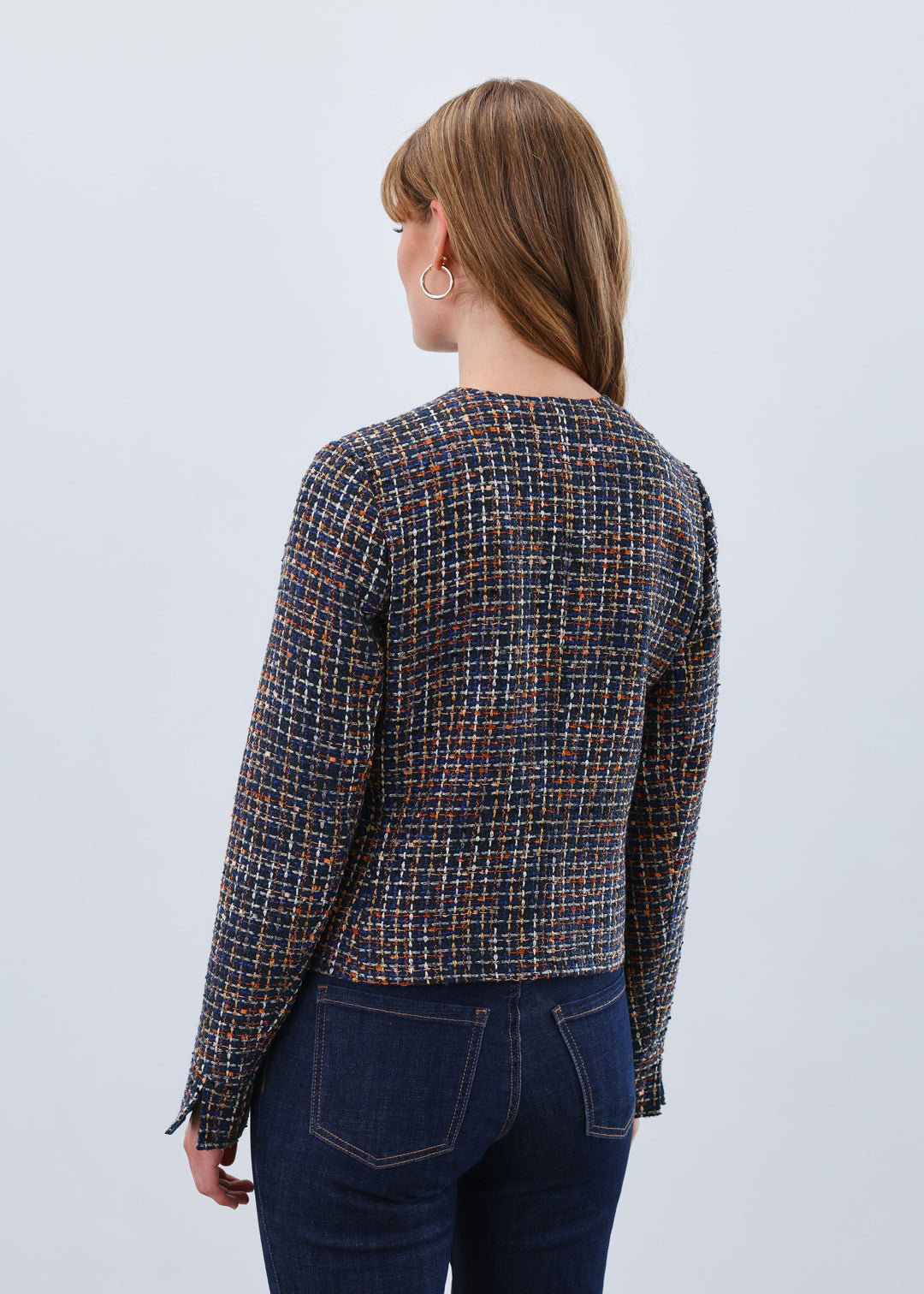 TWEED COLLARLESS JACKET - NAVY