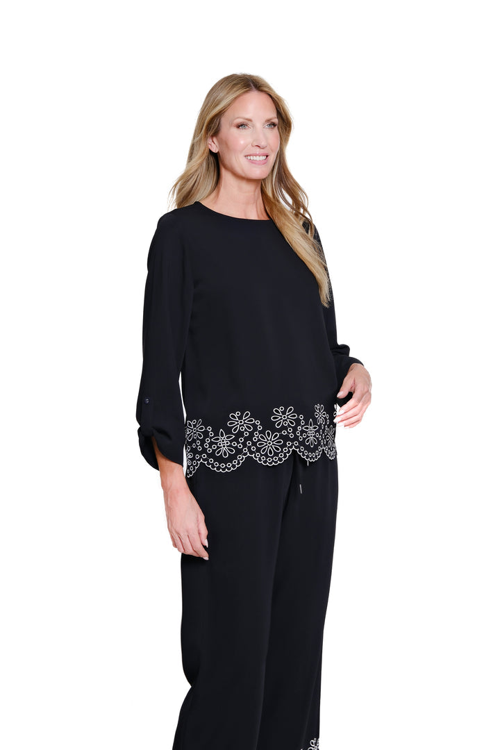 FOLD UP CUFF 3/4 SLEEVE EMBROIDERED HEM TOP - BLACK