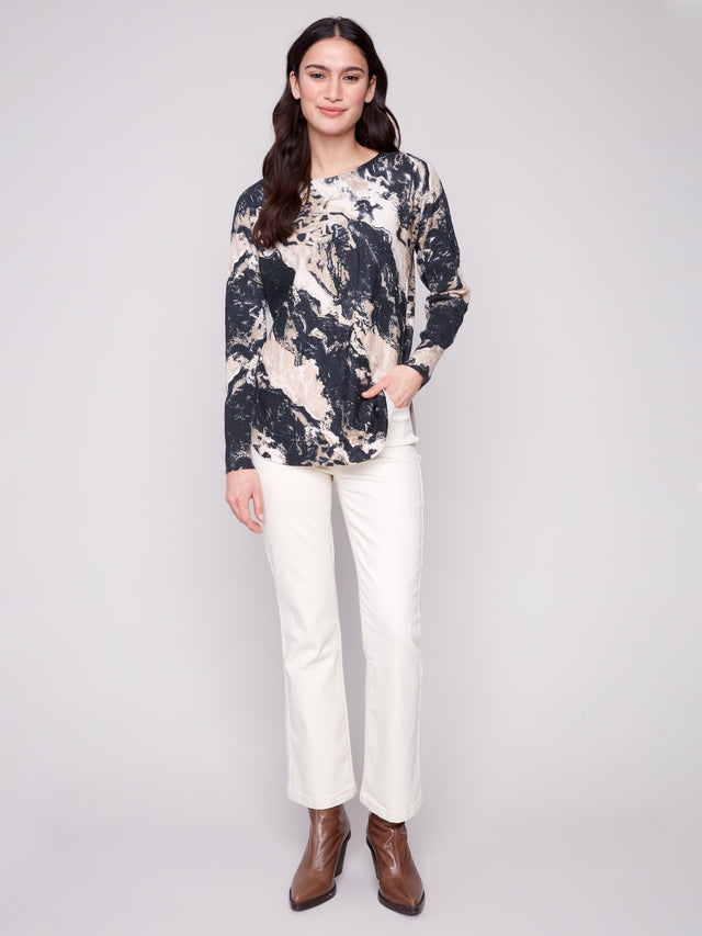 PRINTED ROUNDED HEM SWEATER - GRANITE