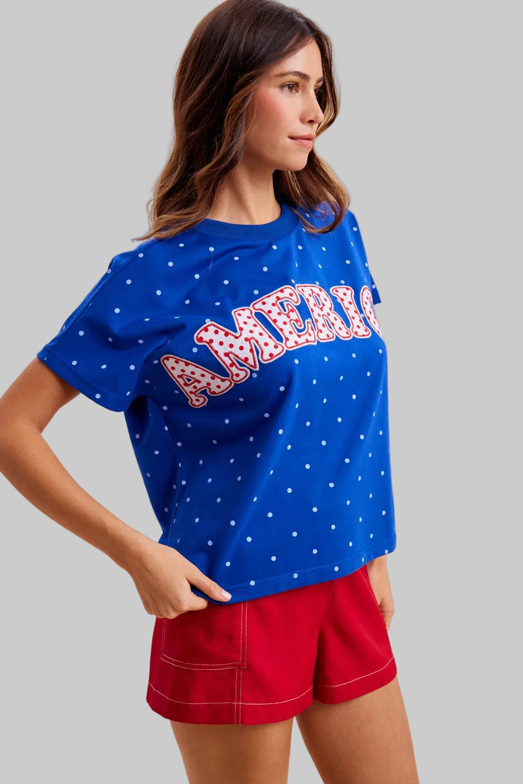 SHORT SLEEVE AMERICA PATCH POLKA DOT TOP - BLUE