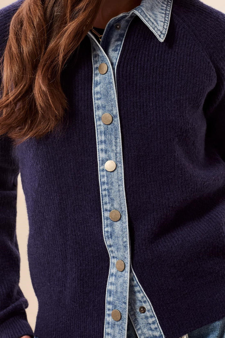 LONG SLEEVE MIXED MEDIA SWEATER JACKET WITH DENIM DETAIL - NIGHTFALL