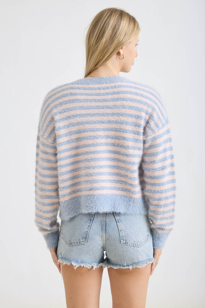 STRIPED FUZZY KNIT CARDIGAN - BLUE