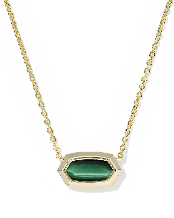 KENDRA SCOTT ELISA BEZEL SHORT PENDANT NECKLACE - GOLD GREEN TIGERS EYE