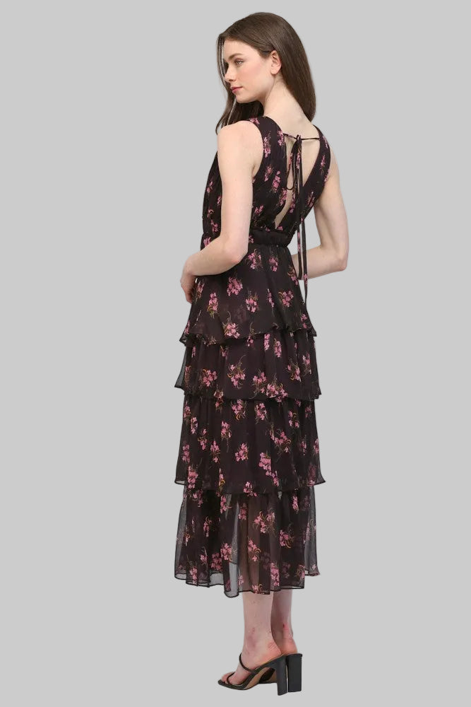 FLORAL PLEATED BODICE TIERED MAXI DRESS - BROWN MULTI