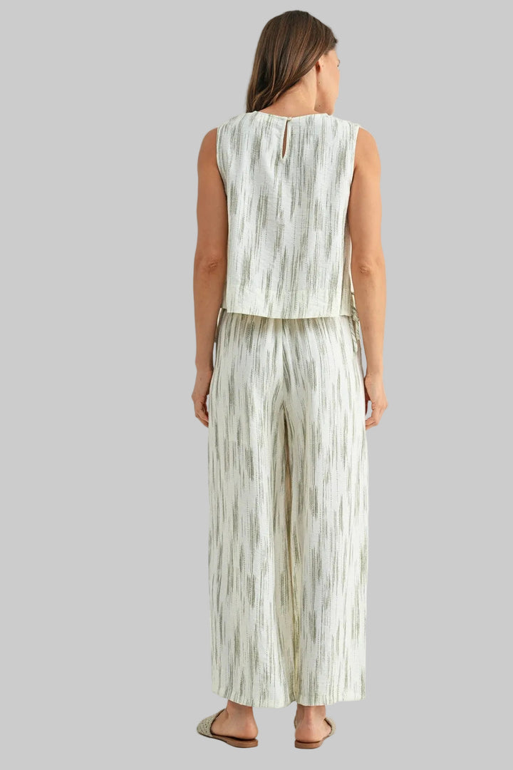 LINEN PRINTED FLOWY WIDE LEG PANTS - SAGE