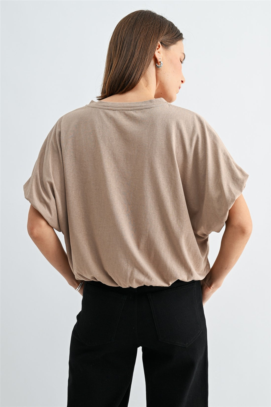 BALLOON SLEEVE ELASTIC HEM TOP - TAUPE