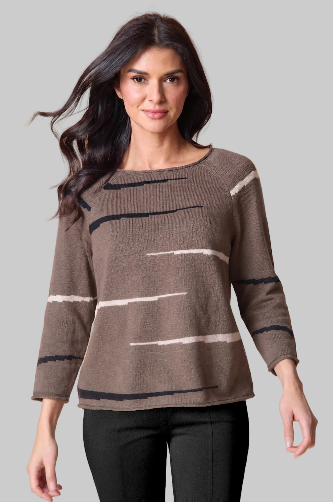 STRIPED COTTON RAGLAN PULLOVER - UMBER
