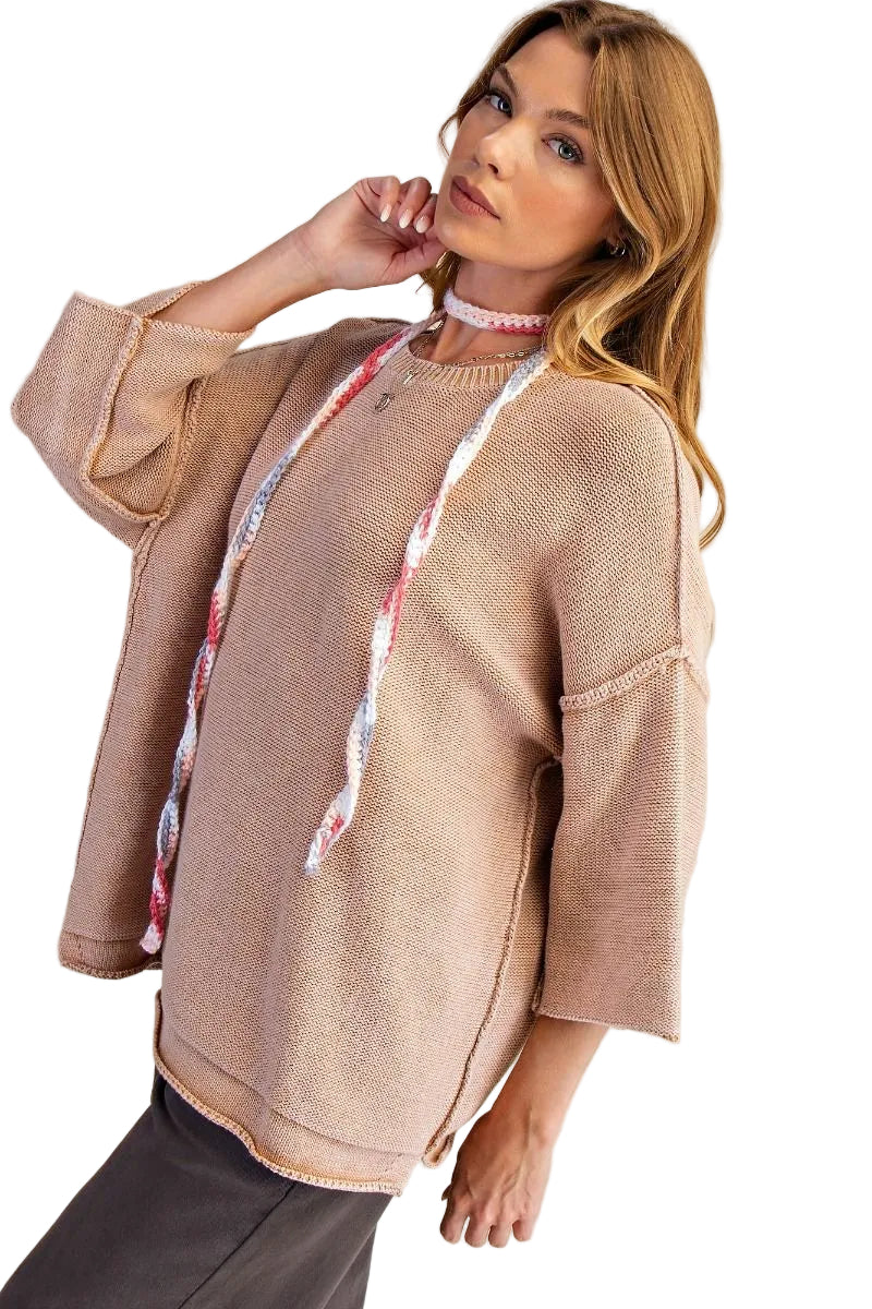 MINERAL WASHED LOOSE FIT KNIT SWEATER - LATTE