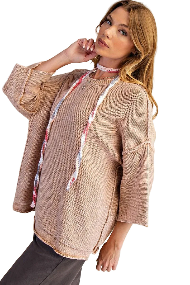 MINERAL WASHED LOOSE FIT KNIT SWEATER - LATTE