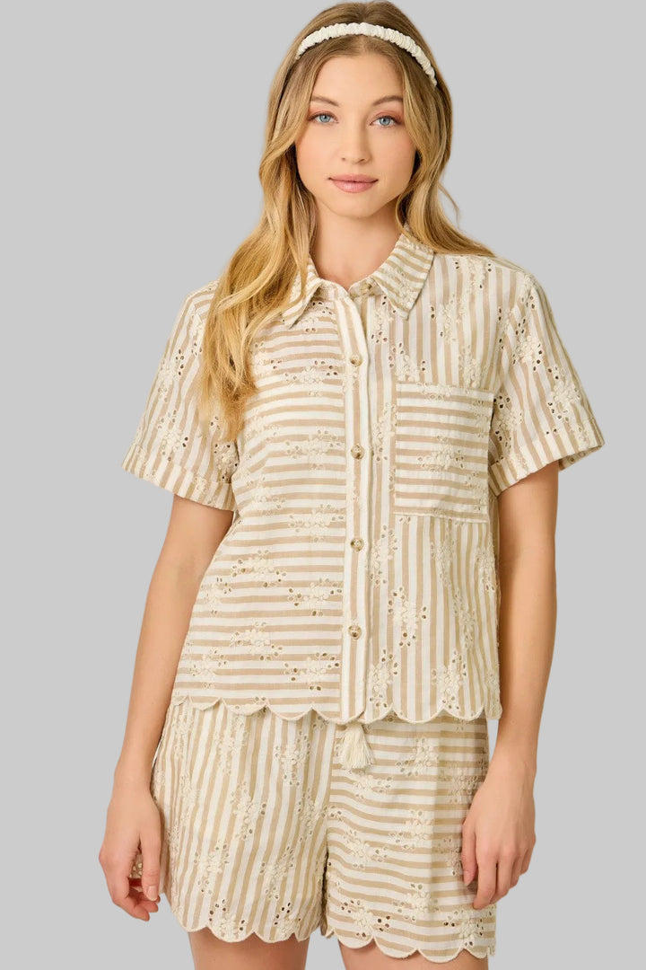 COLLARED PINSTRIPE EYELET BUTTON DOWN BLOUSE - TAUPE
