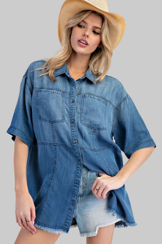 SHORT SLEEVE BUTTON DOWN TOP - DARK DENIM