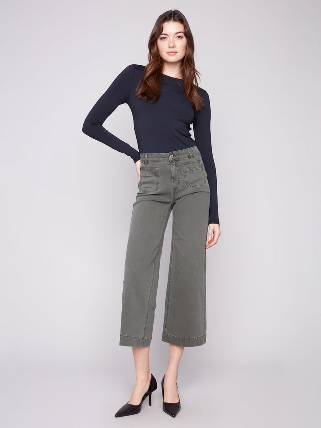 CROPPED PATCH POCKET FLARE TWILL PANTS - SPRUCE