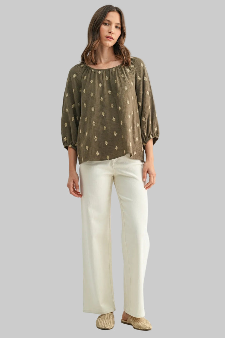 3/4 SLEEVE EMBROIDERED GAUZE TOP - OLIVE