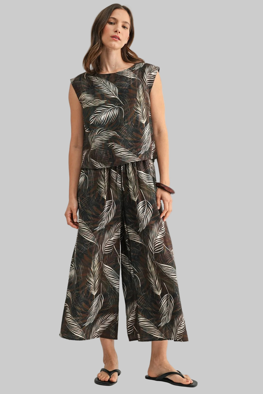 ELASTIC WAIST LEAF PRINT PANTS - OLIVE