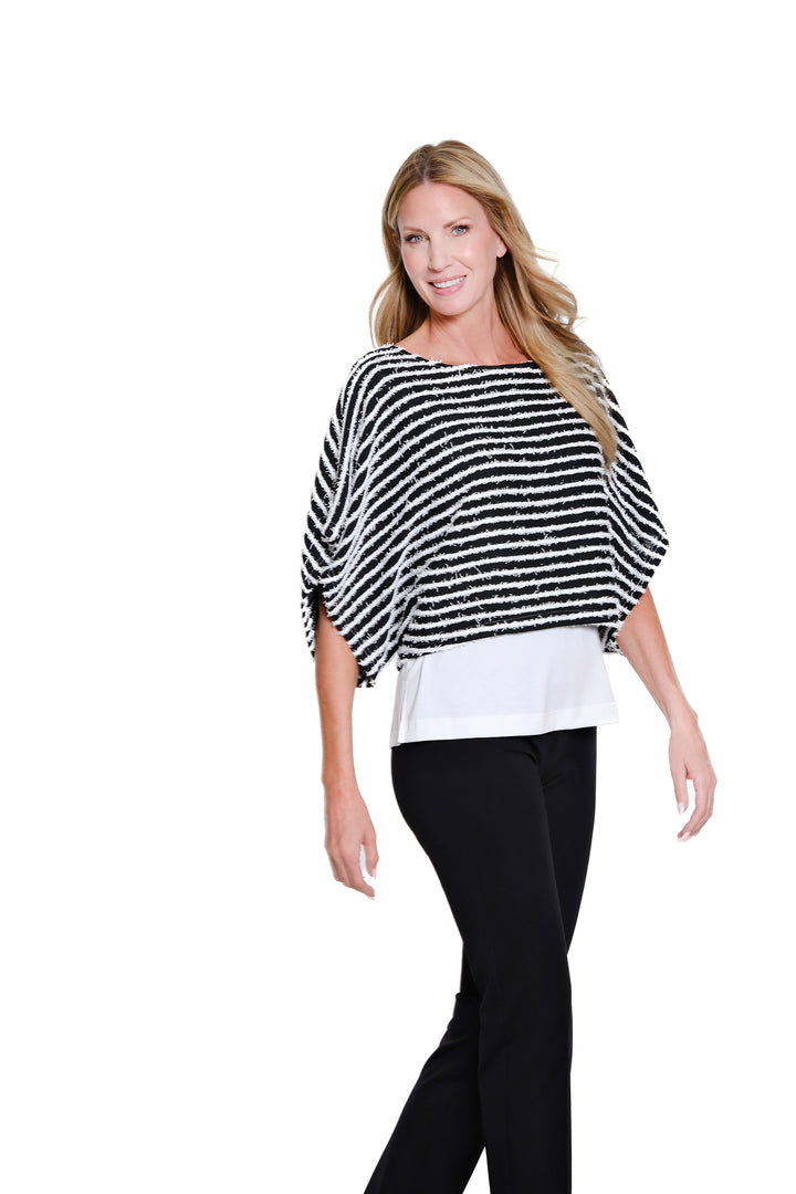 BOAT NECK PONCHO TOP W/ATTACHED TANK - BLACK/WHITE STRIPED
