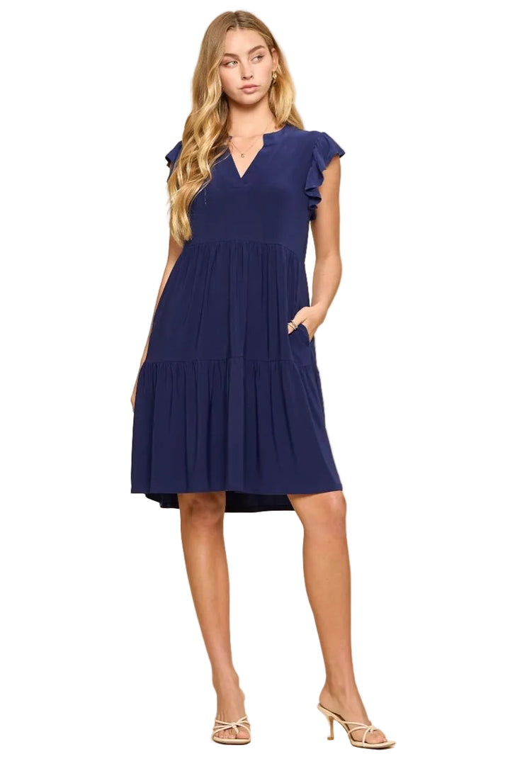 DEAR SCARLETT LIZZY FLUTTER SLEEVE FOREVER DRESS - NAVY
