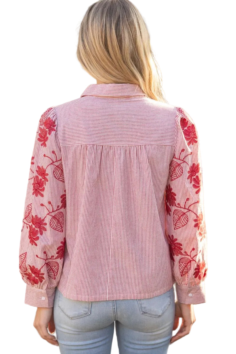 FLORAL EMBROIDERED SLEEVE BUTTON DOWN SHIRT - RED