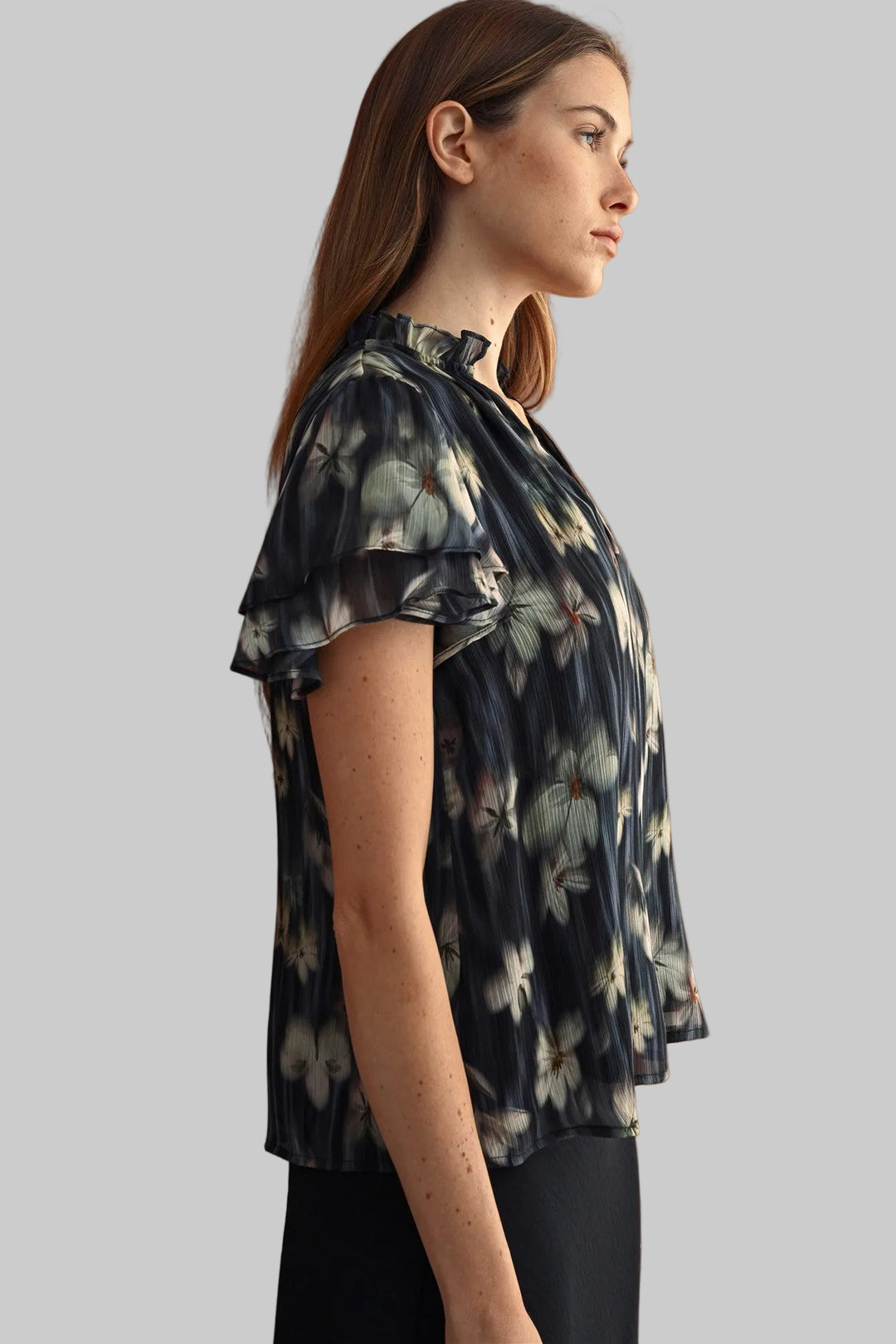 RUFFLE SLEEVE FLOWER PRINT CHIFFON BLOUSE - NAVY
