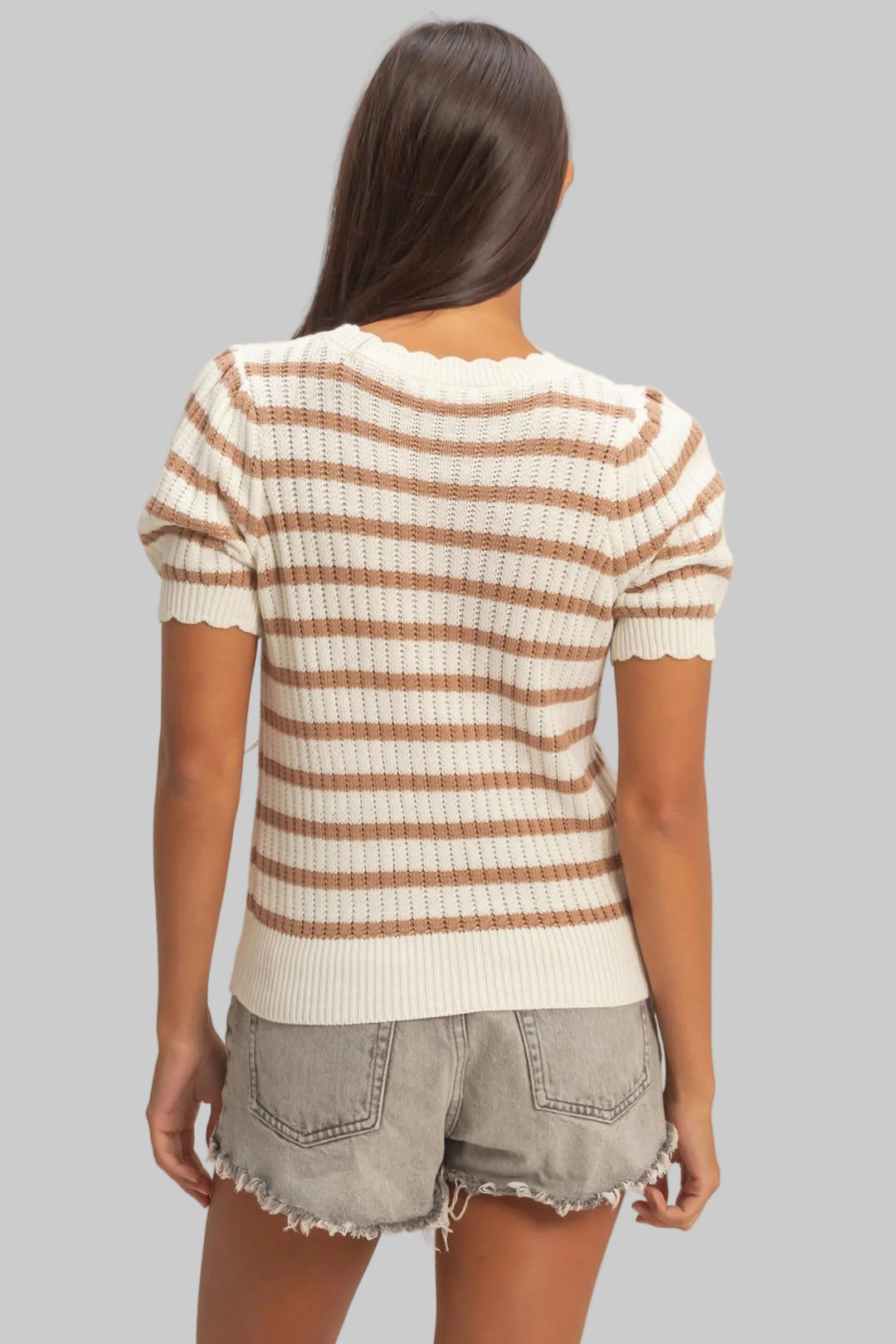 PUFF SLEEVE SCALLOP EDGE STRIPED KNIT TOP - TAUPE