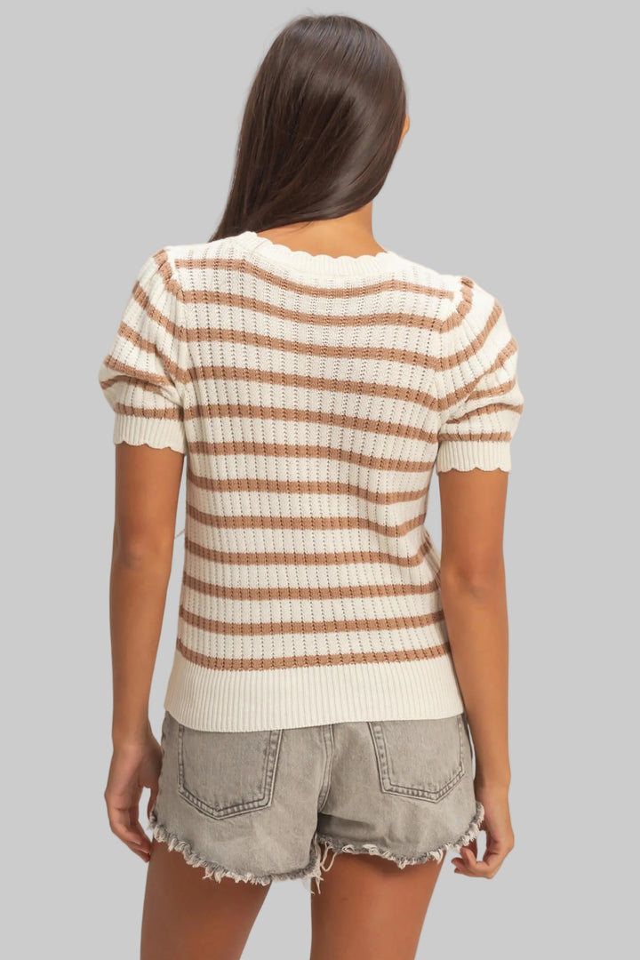 PUFF SLEEVE SCALLOP EDGE STRIPED KNIT TOP - TAUPE