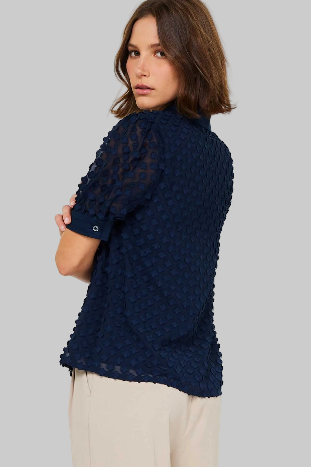 HALF SLEEVE COLLARED SPLIT NECK BUTTON DOWN BLOUSE - NAVY