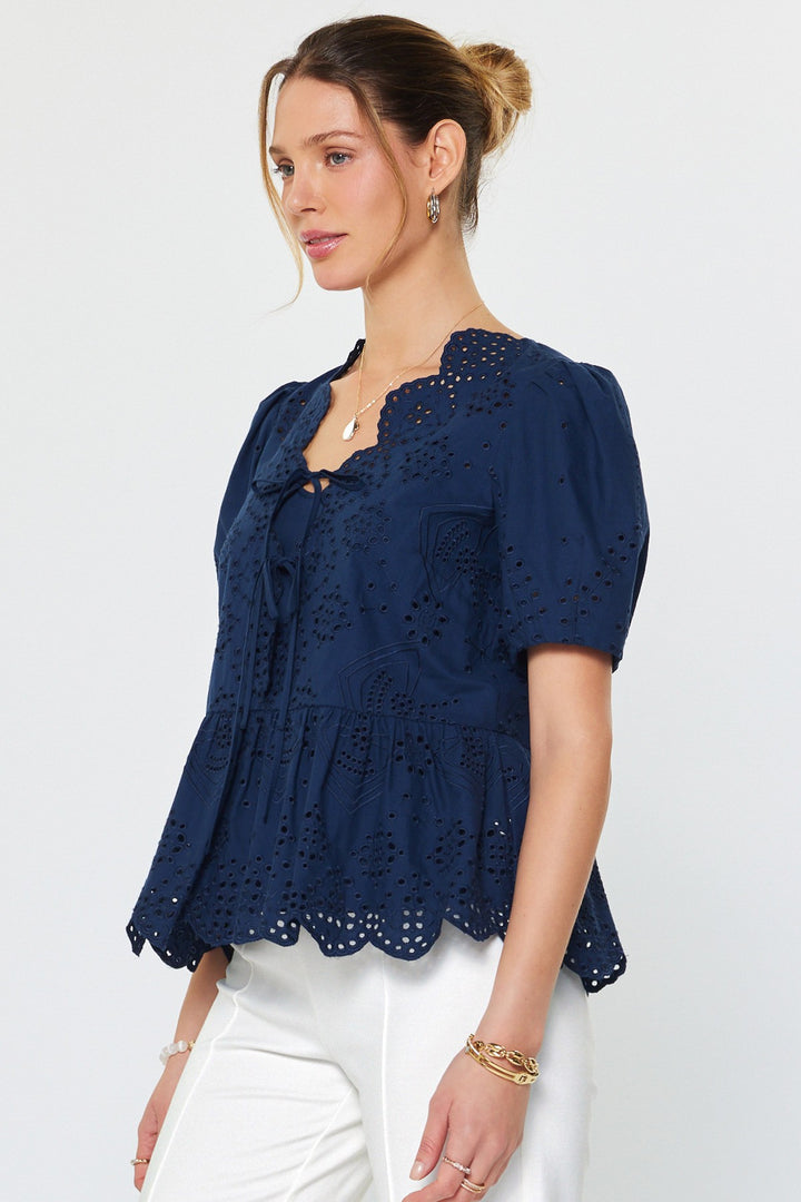 PUFF SHORT SLEEVE TIE FRONT EYELET EMBROIDERED BLOUSE - NAVY