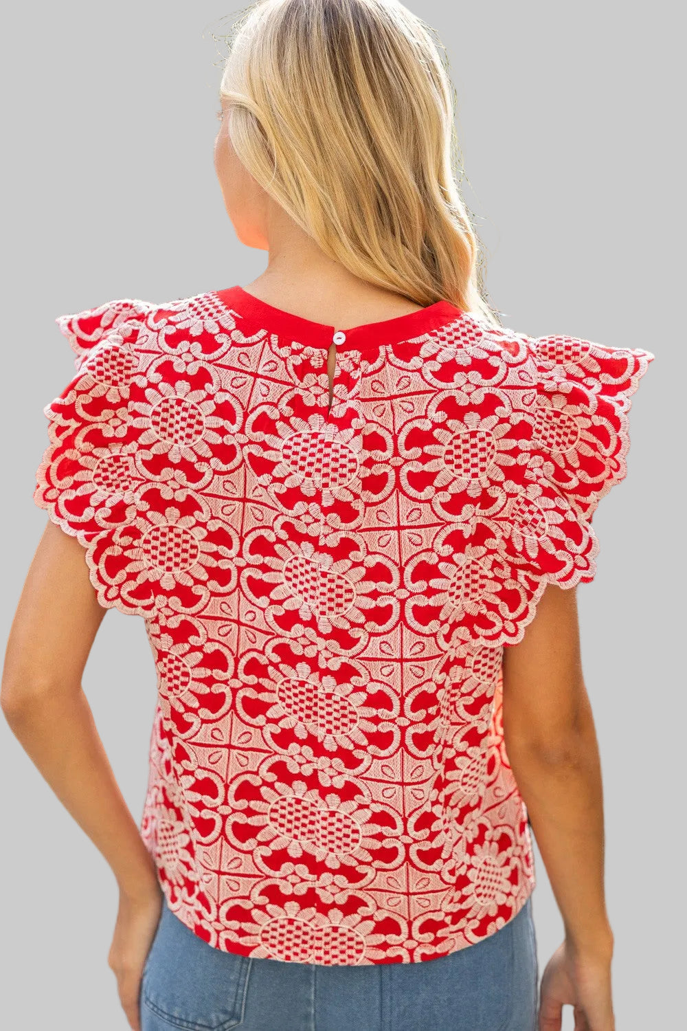 SCALLOP RUFFLE FLORAL EMBROIDERED TOP - RED