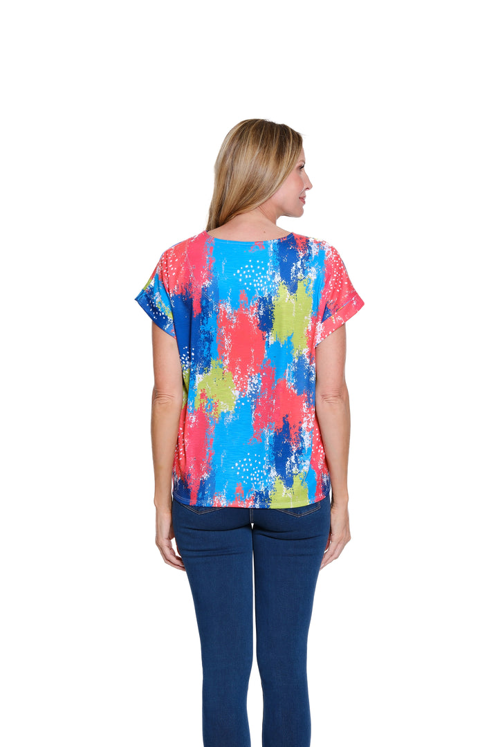 CUFFED S/S DOLMAN SCOOP NECK TIE WAIST TOP - ABSTRACT CORAL/LIME/BLUE