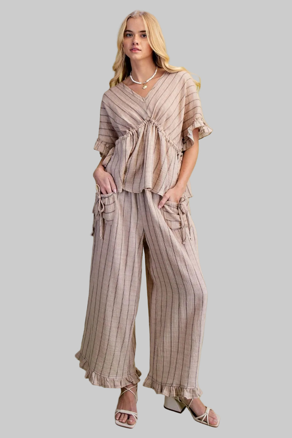 ELASTIC WAIST STRIPED COTTON GAUZE PANTS - MOCHA