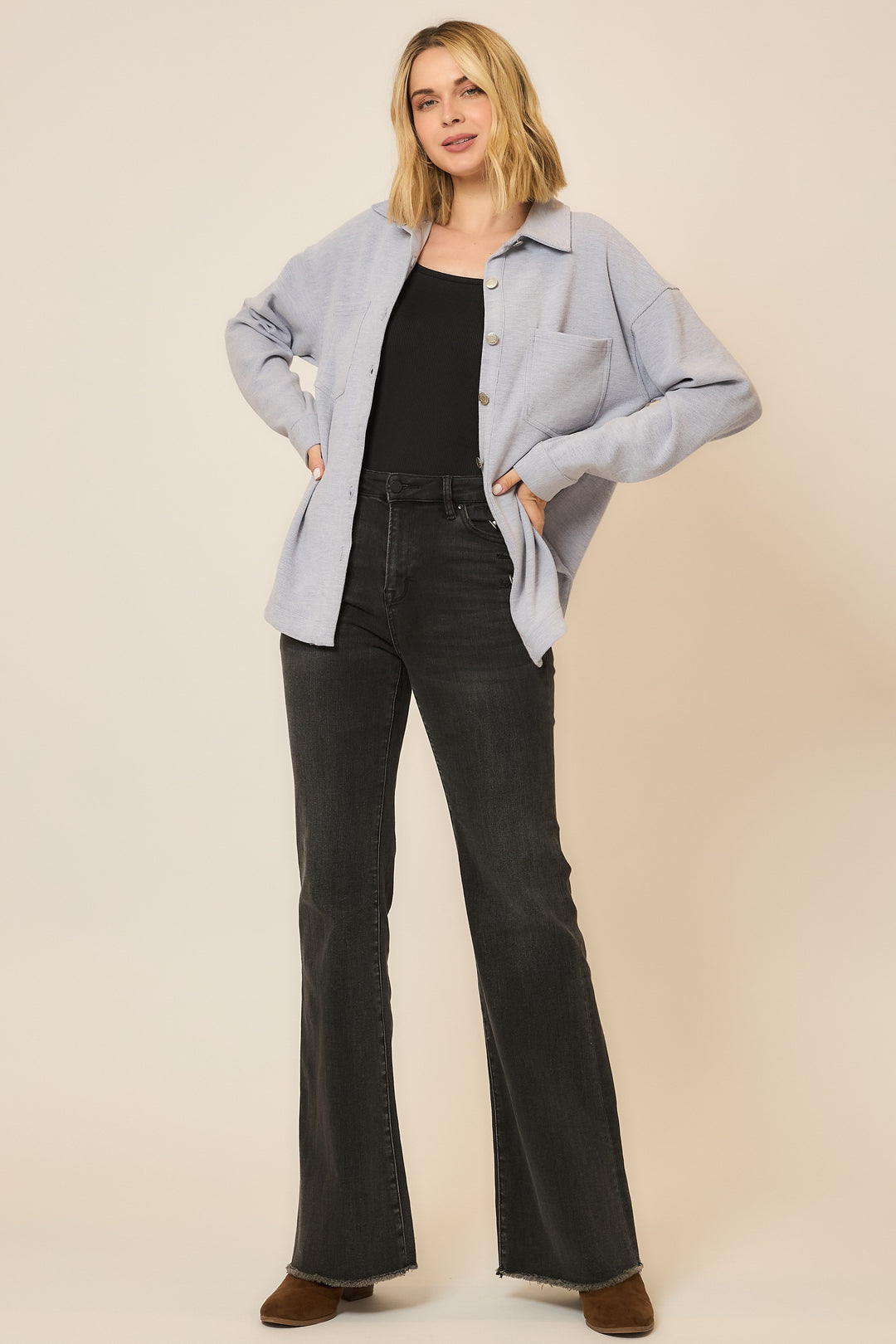 MICRO RIB BUTTON UP SHACKET - LIGHT BLUE