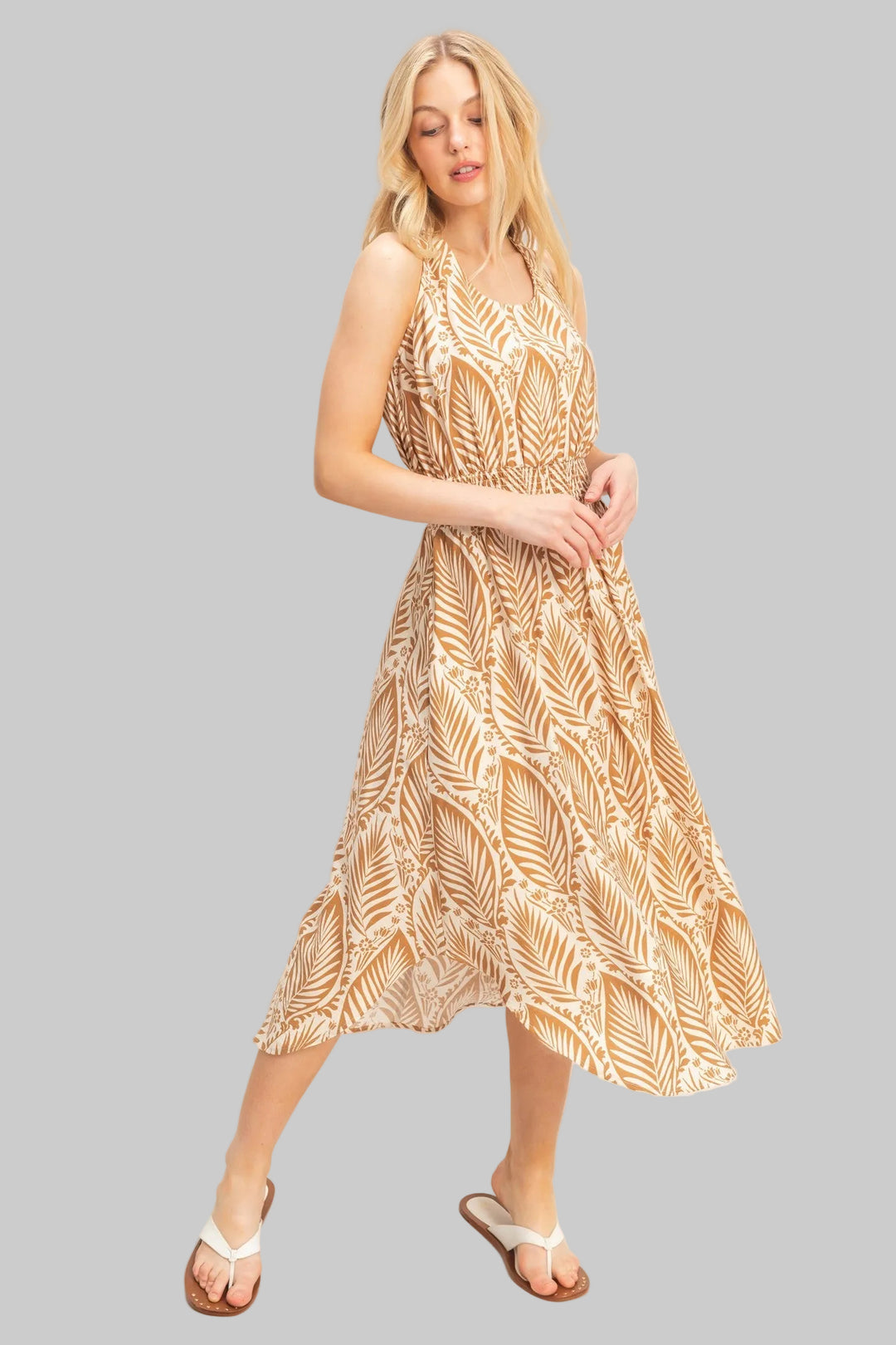 SLEEVELESS SMOCKED WAIST ASYMMETRICAL MIDI DRESS - LIGHT BROWN