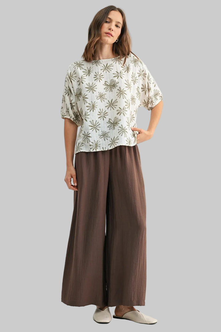 DOLMAN SHORT SLEEVE FLORAL PRINT TOP - IVORY/OLIVE