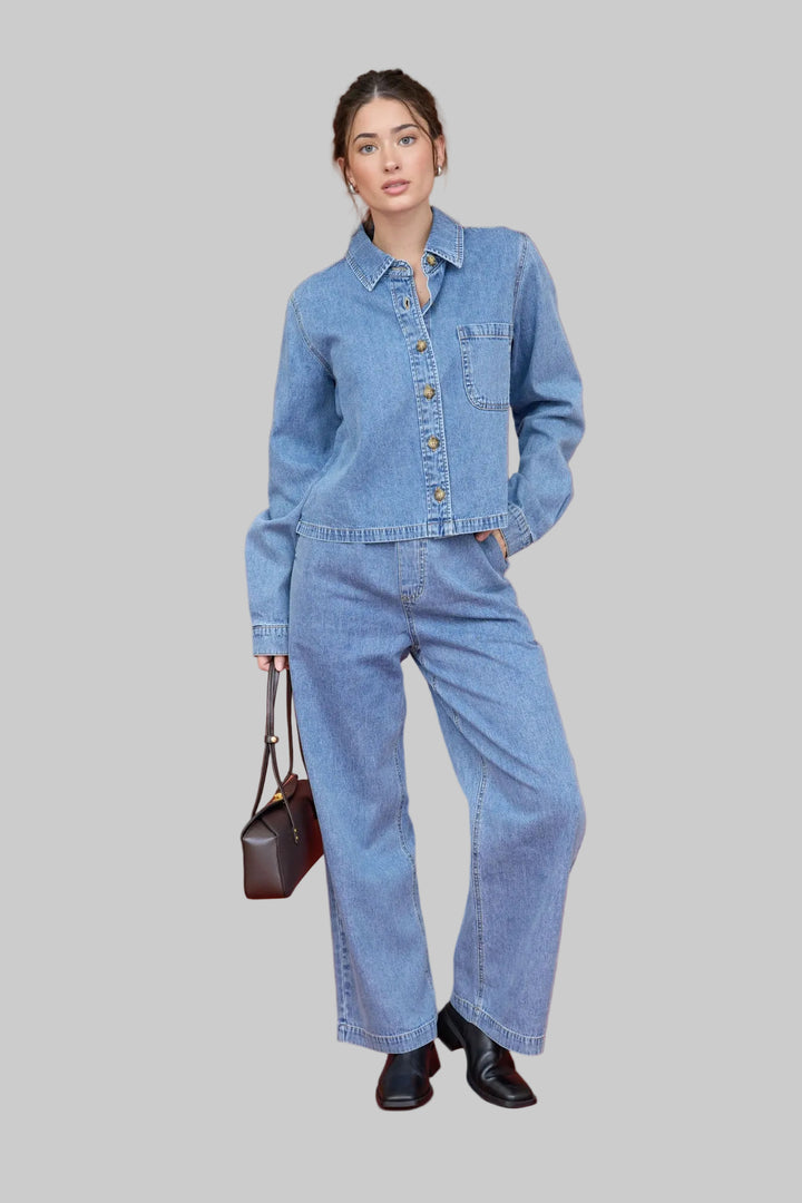 L/S ACID WASH BOXY DENIM SHIRT - MEDIUM WASH