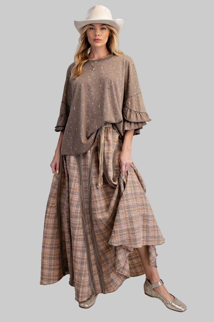 3/4 RUFFLE SLEEVE FLORAL LOOSE FIT TOP - ASH MOCHA
