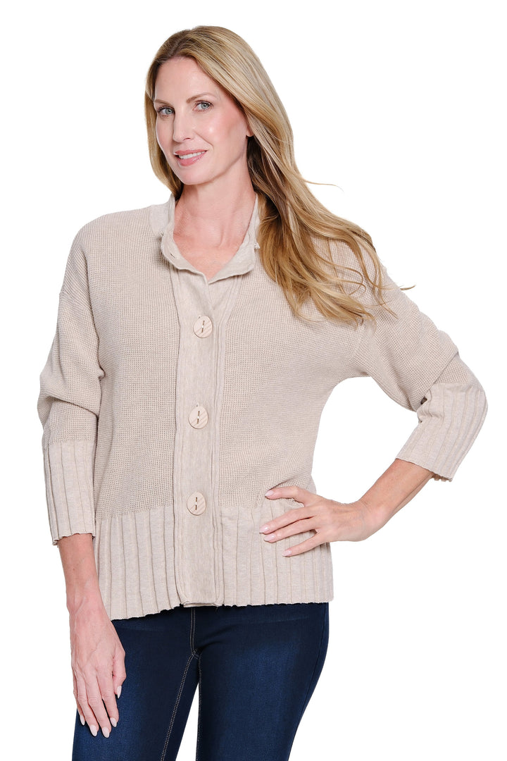 3/4 SLEEVE DROP SHOULDER BUTTON FRONT SWEATER CARDIGAN - OATMEAL
