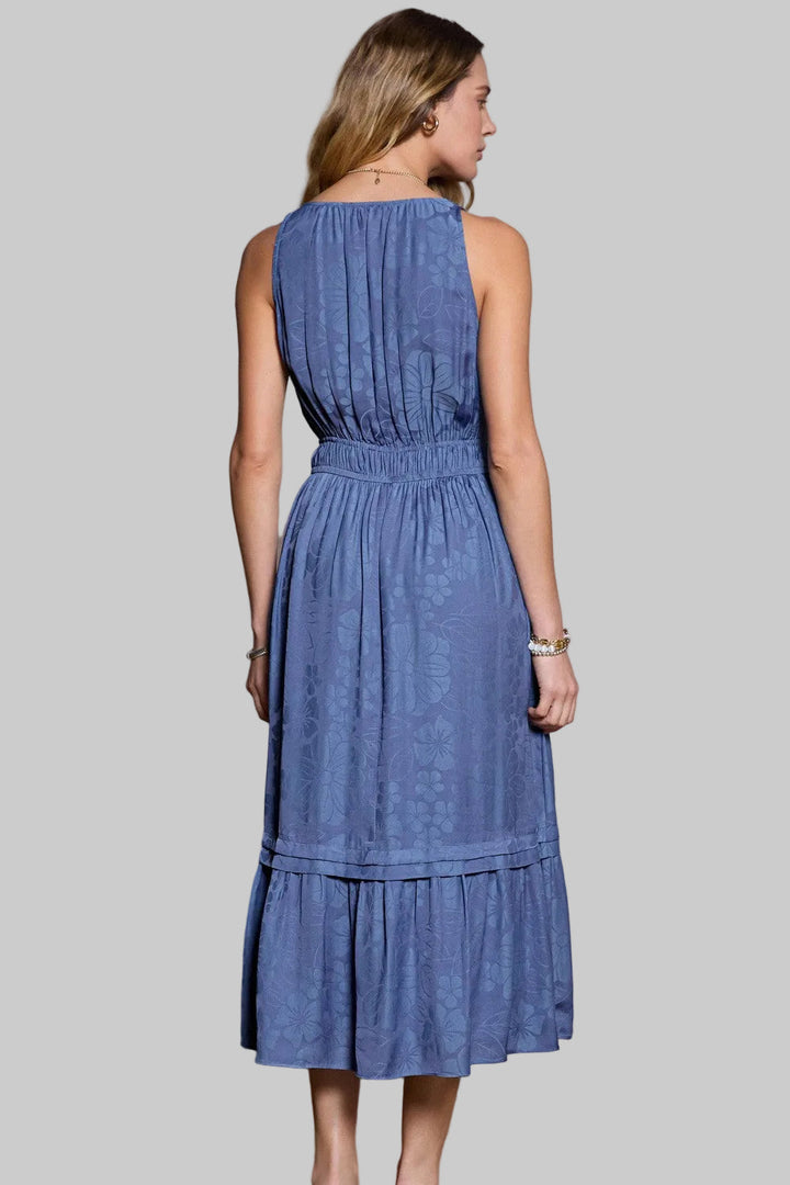 SLEEVELESS HALTER NECK TIERED A-LINE MIDI DRESS  - PARISIAN BLUE