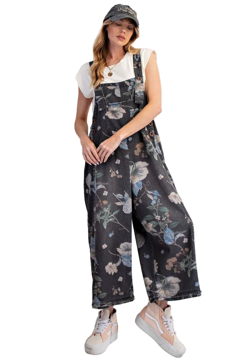 FLOWER PRINTED WASHED DENIM OVERALLS - BLACK DENIM