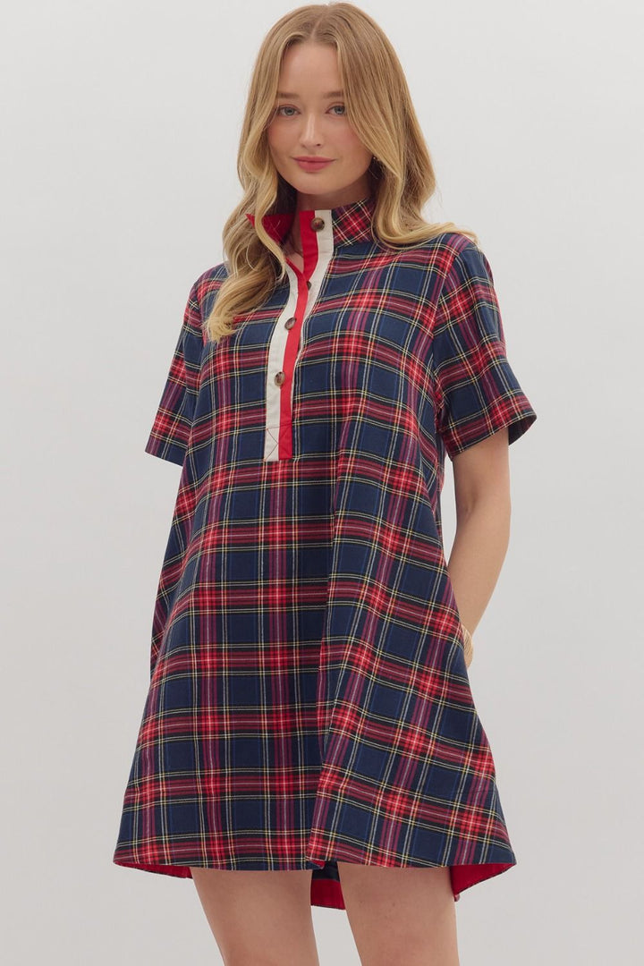 PLAID COTTON DRESS W/ SLEEVES - NAVY