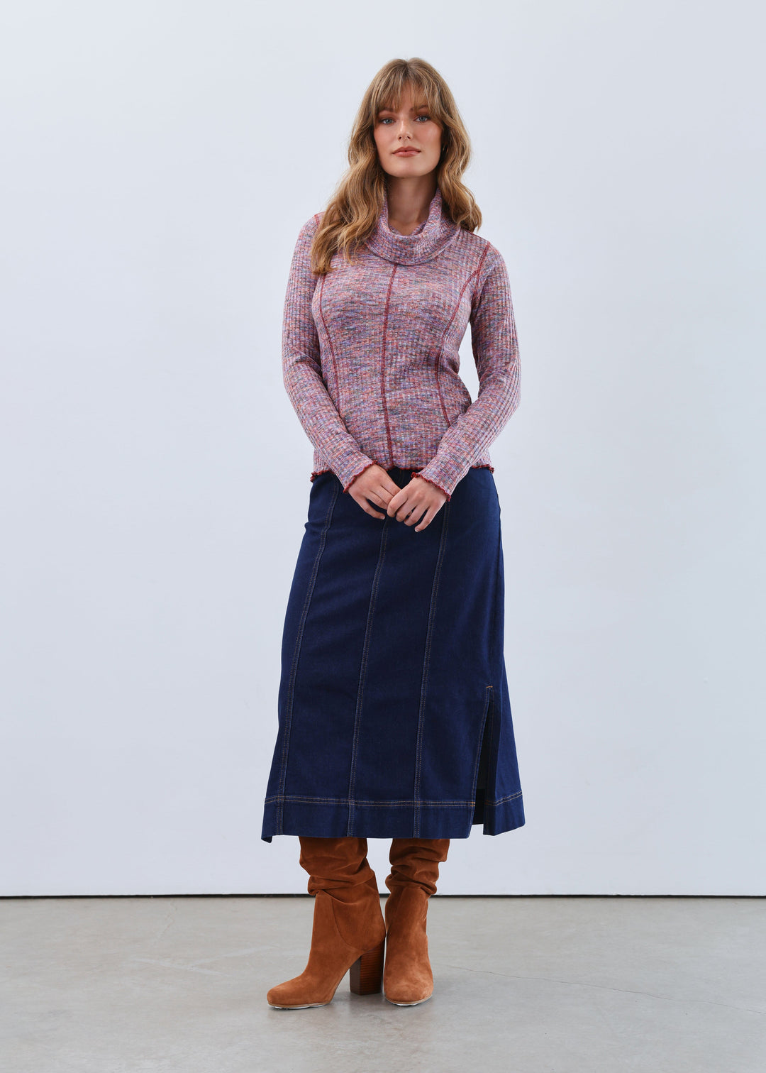 LONG SLEEVE COWL NECK SPACEDYE TOP - MAUVE PURPLE MIX